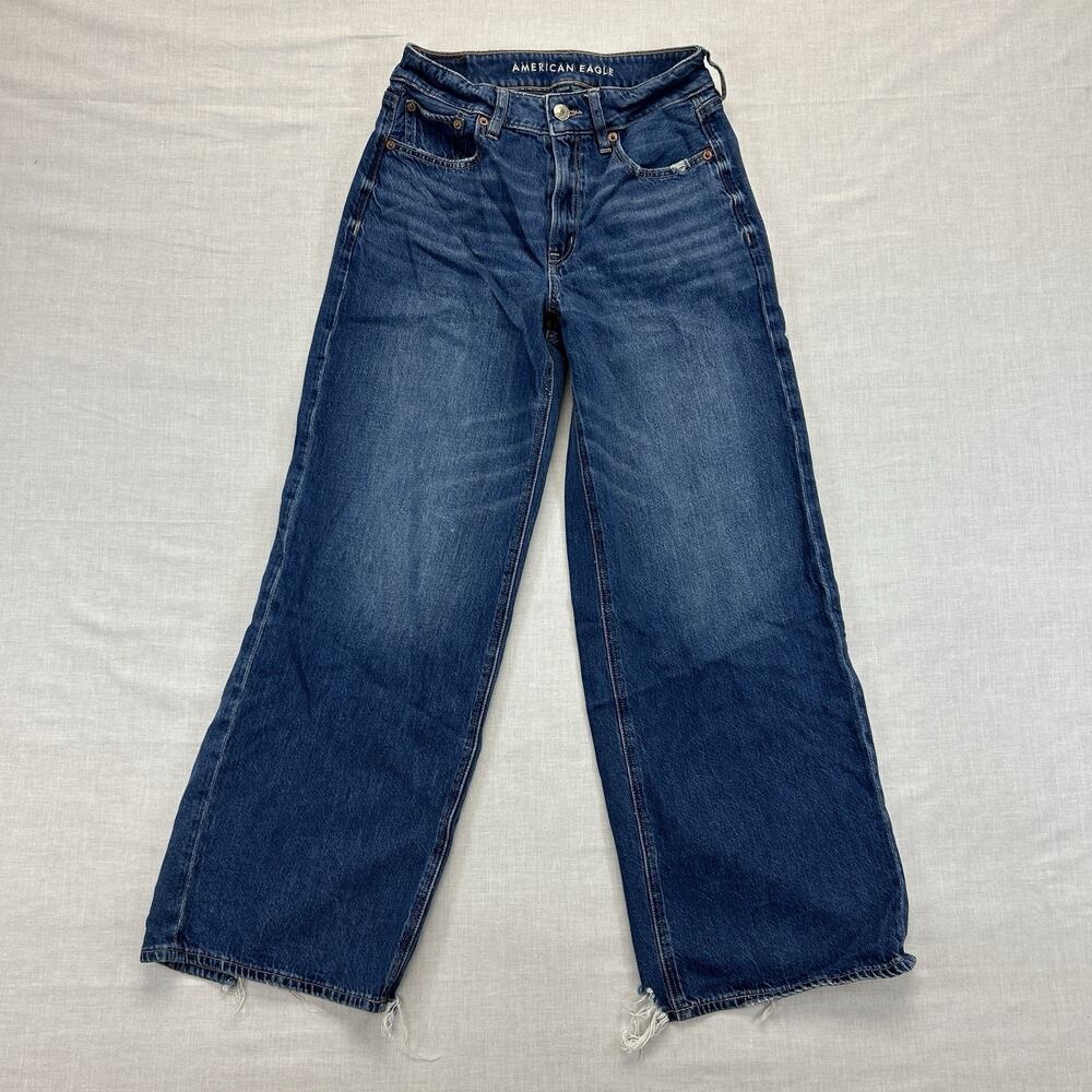 American Eagle Super High Rise Baggy Wide Leg Ankle Jeans Womens 00 Blue Stretch